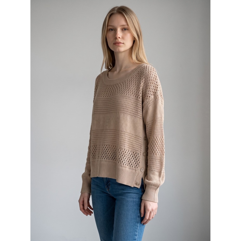 Victorias Secret Tan Open Knit Cotton Linen Side Button Sweater XL Womens